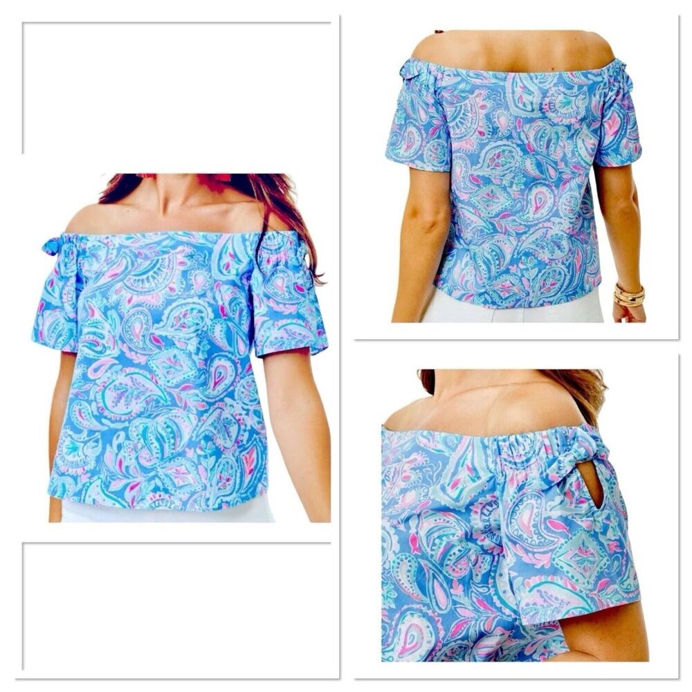 LILLY PULITZER TAMARA TOP‎ Large Off Shoulder Blouse Fish Kisses Size XXS Bow